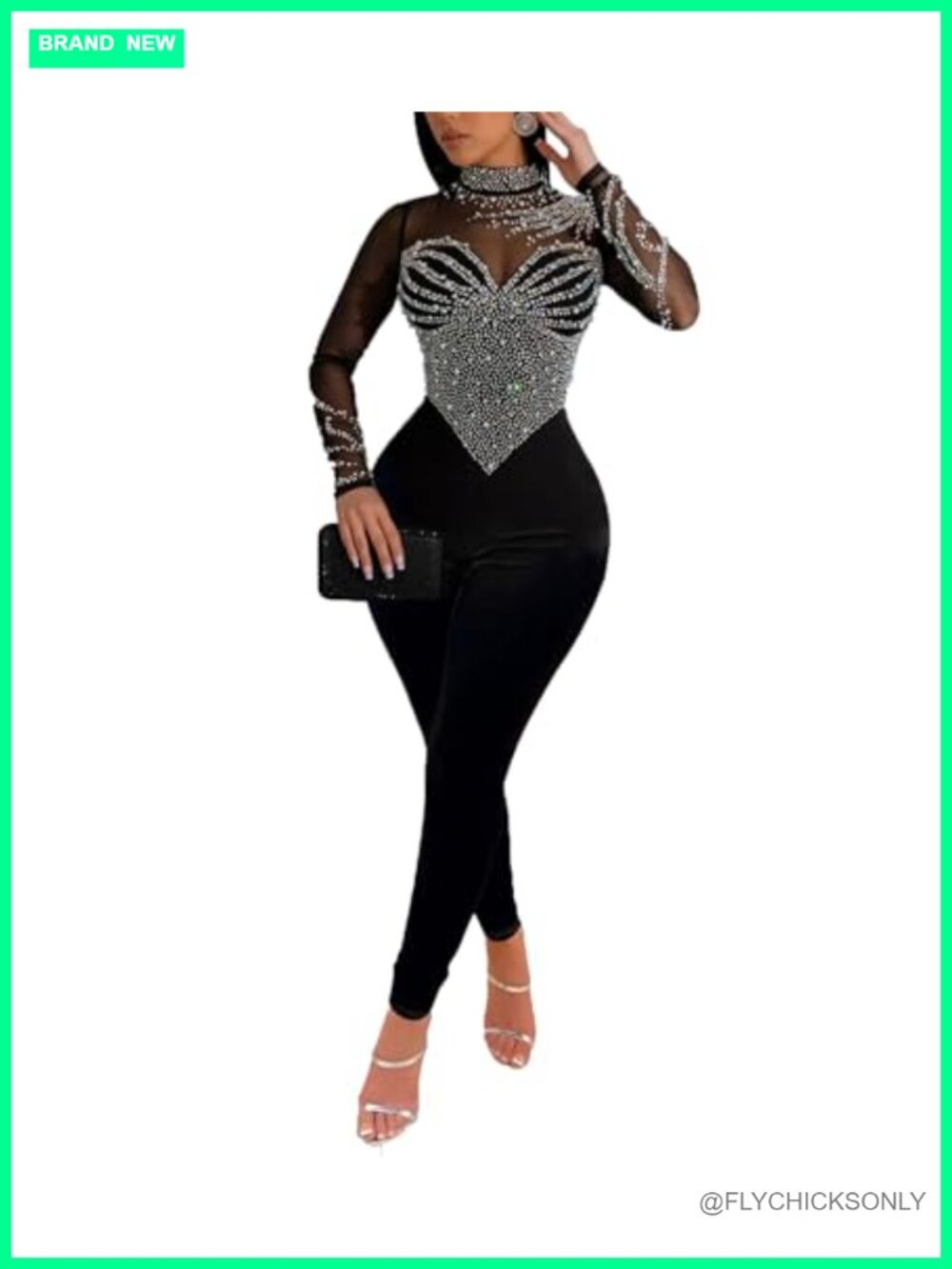 Women Sexy Rhinestone Mesh See Through Bodycon Long Sleeve Jumpsuit